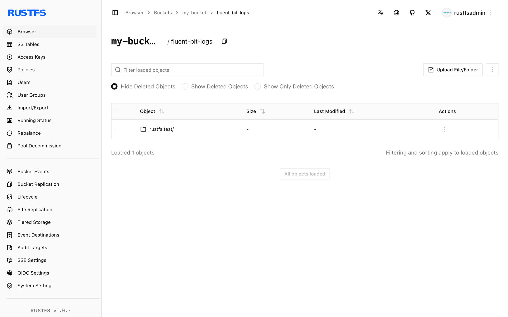 Fluent Bit logs delivered to the RustFS Console