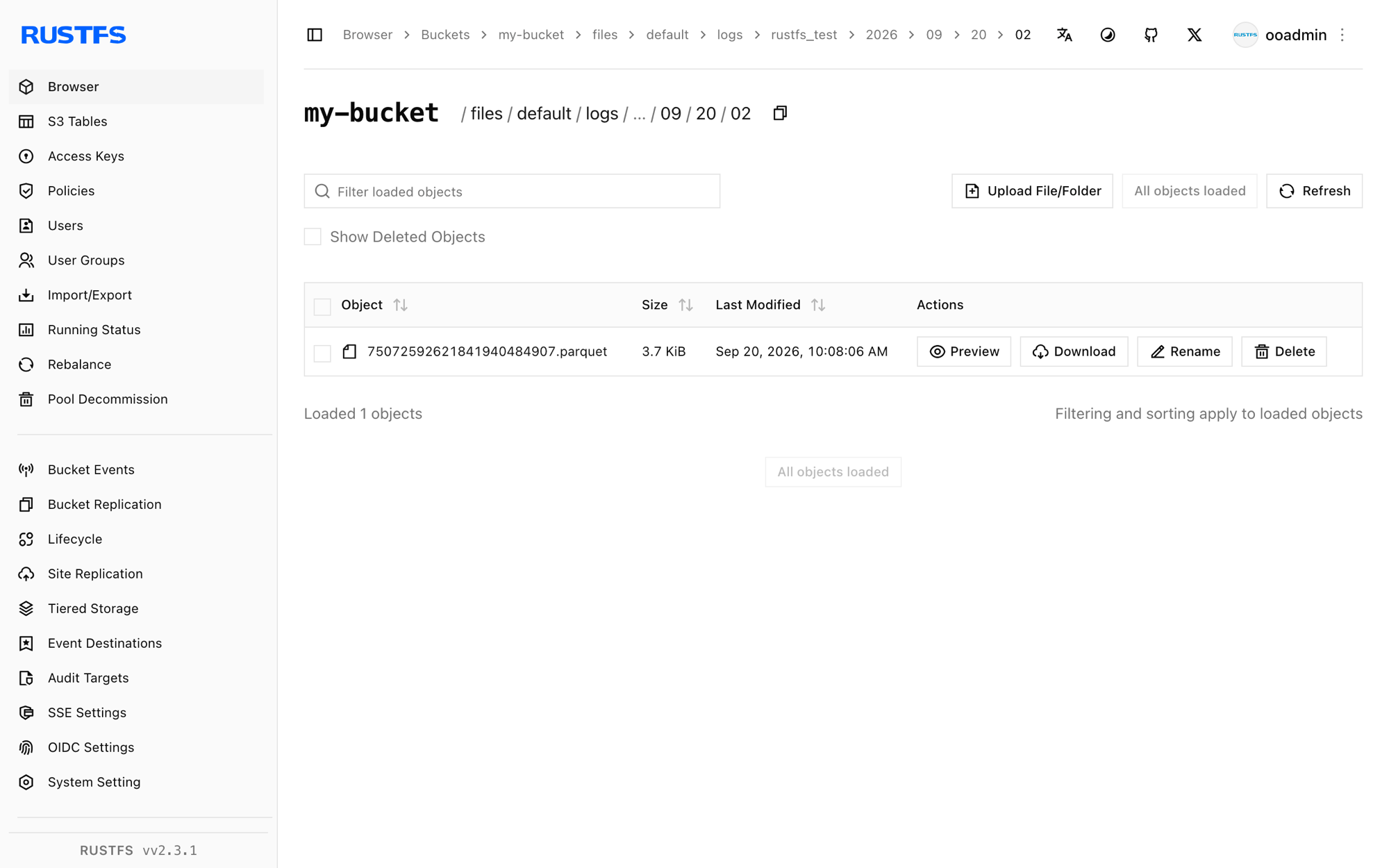 Parquet data file written by OpenObserve in the RustFS Console