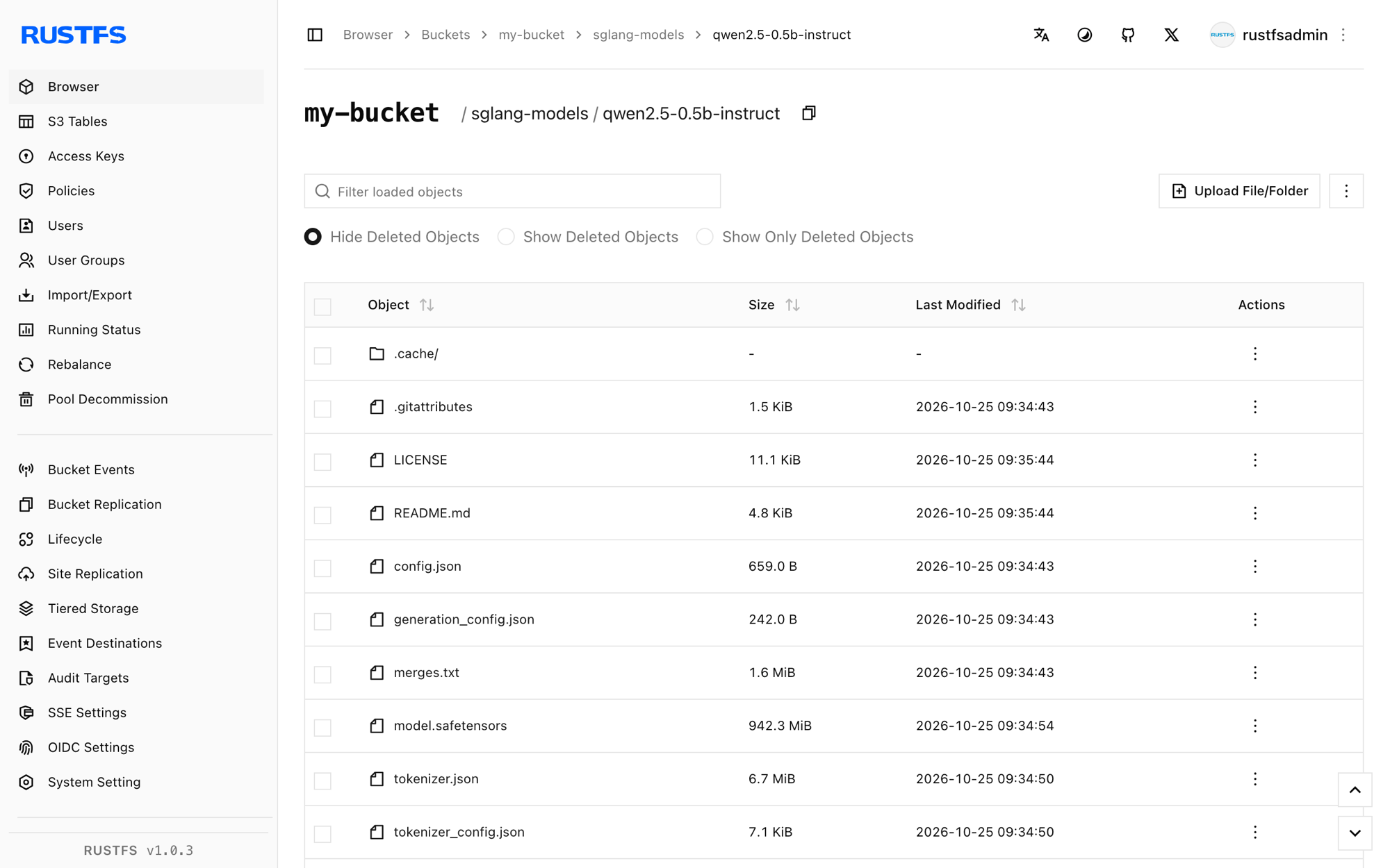 SGLang model weights stored in the RustFS Console